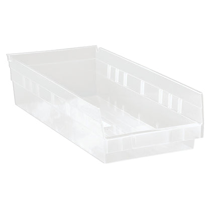 Clear, rectangular Quantum Economy Shelf Bin with open front and ribbed sides for storage and organization.