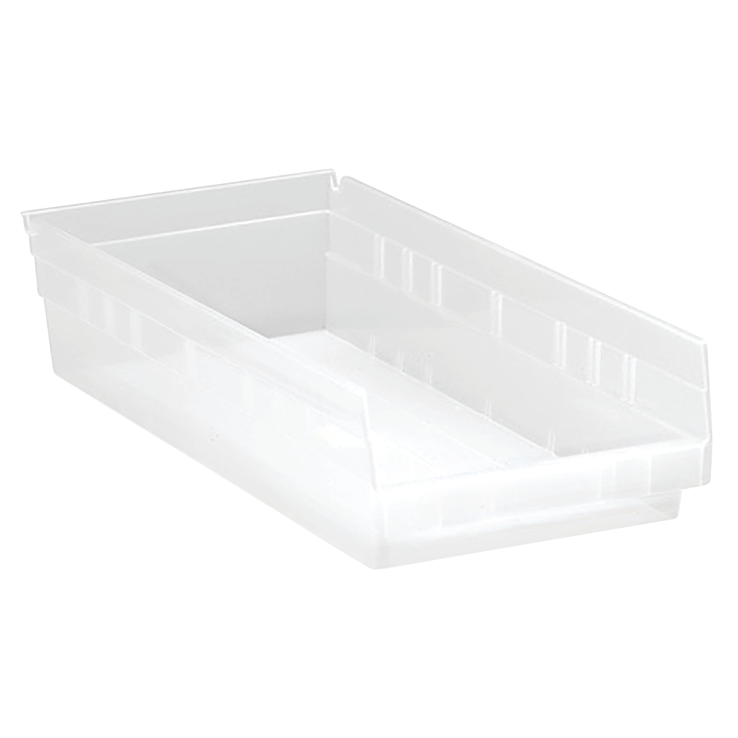 Clear Quantum Economy Shelf Bin with open front, rectangular shape, and smooth sides for organizing items.
