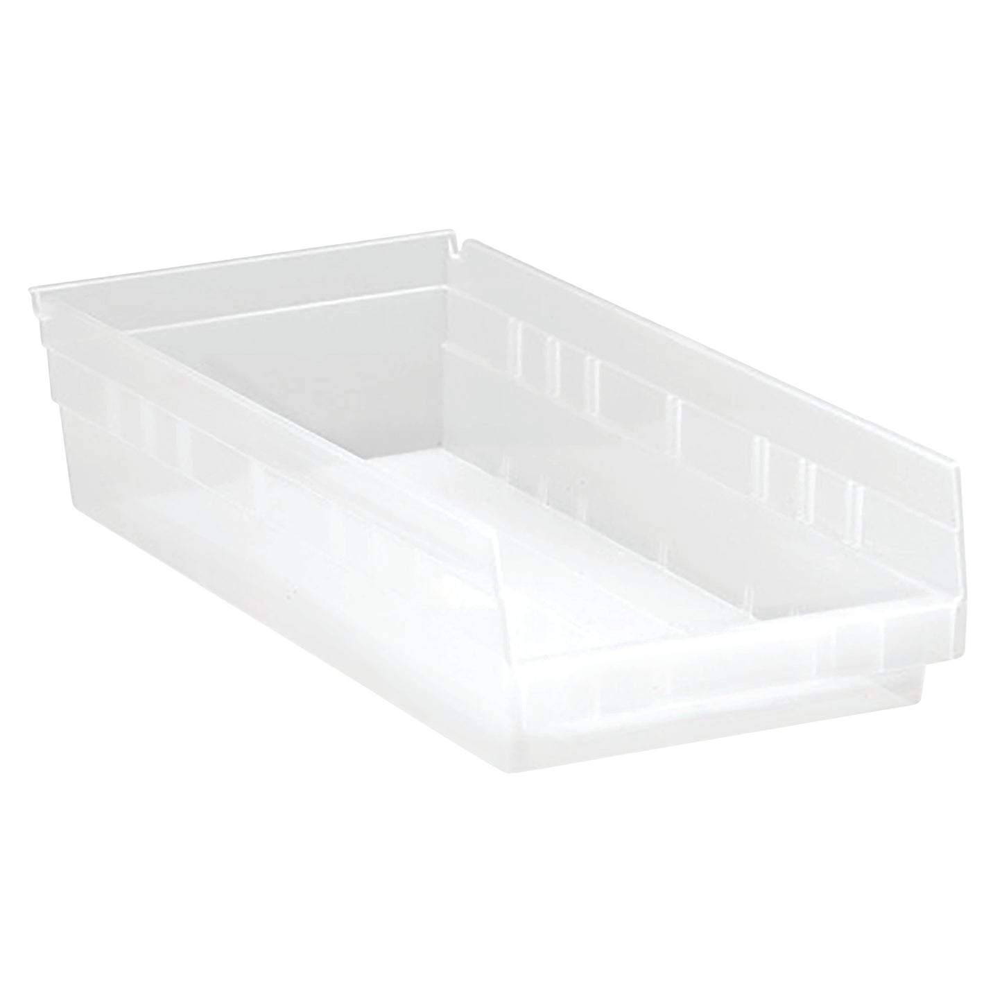 Clear Quantum Economy Shelf Bin with open front, rectangular shape, and smooth sides for organizing items.