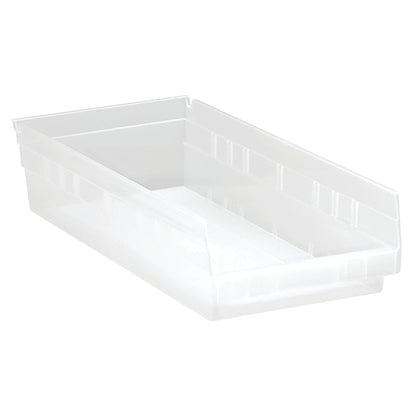 Clear Quantum Economy Shelf Bin with open front, rectangular shape, and smooth sides for organizing items.