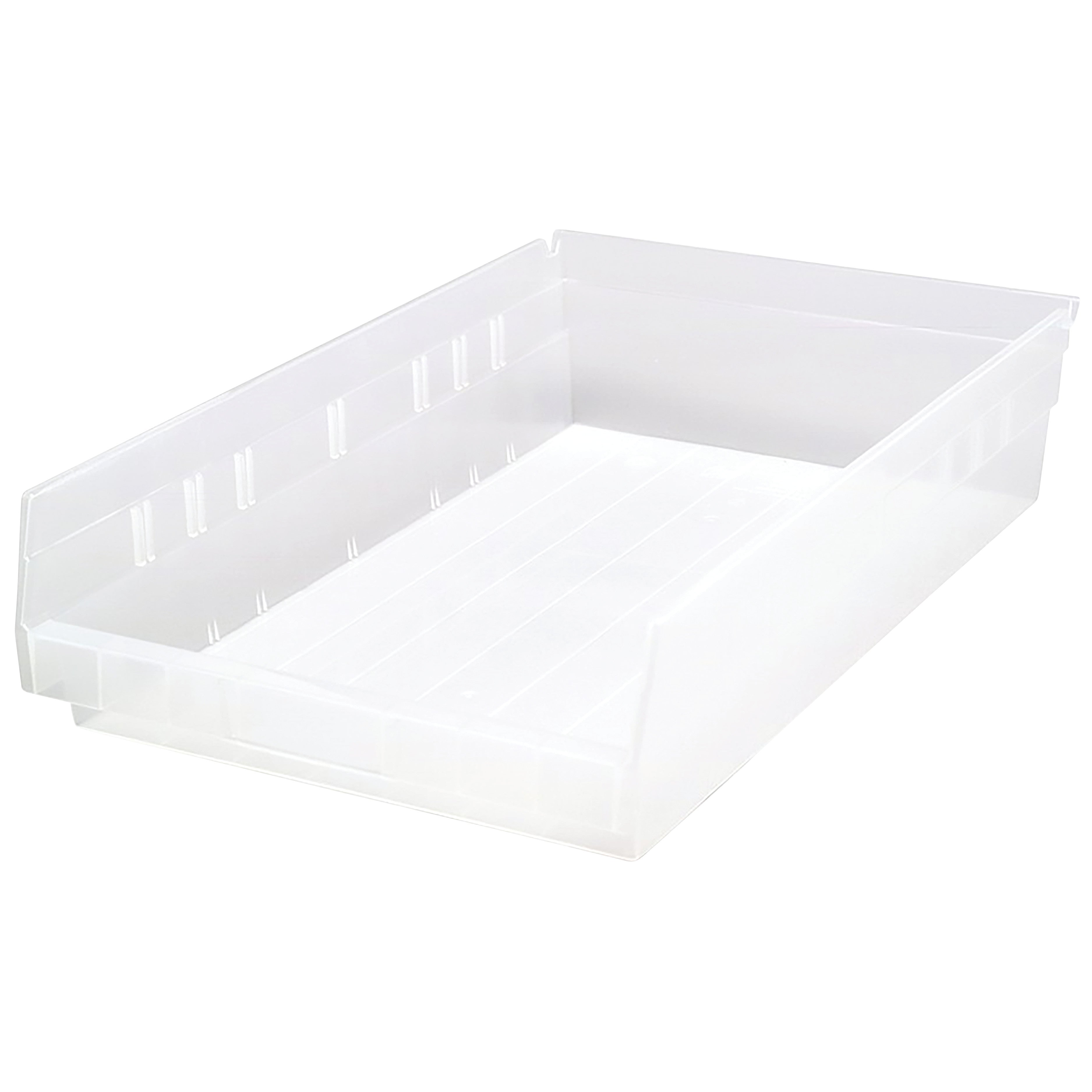 A clear Quantum Economy Shelf Bin with a flat bottom and raised edges, designed for organizing small items on shelves.