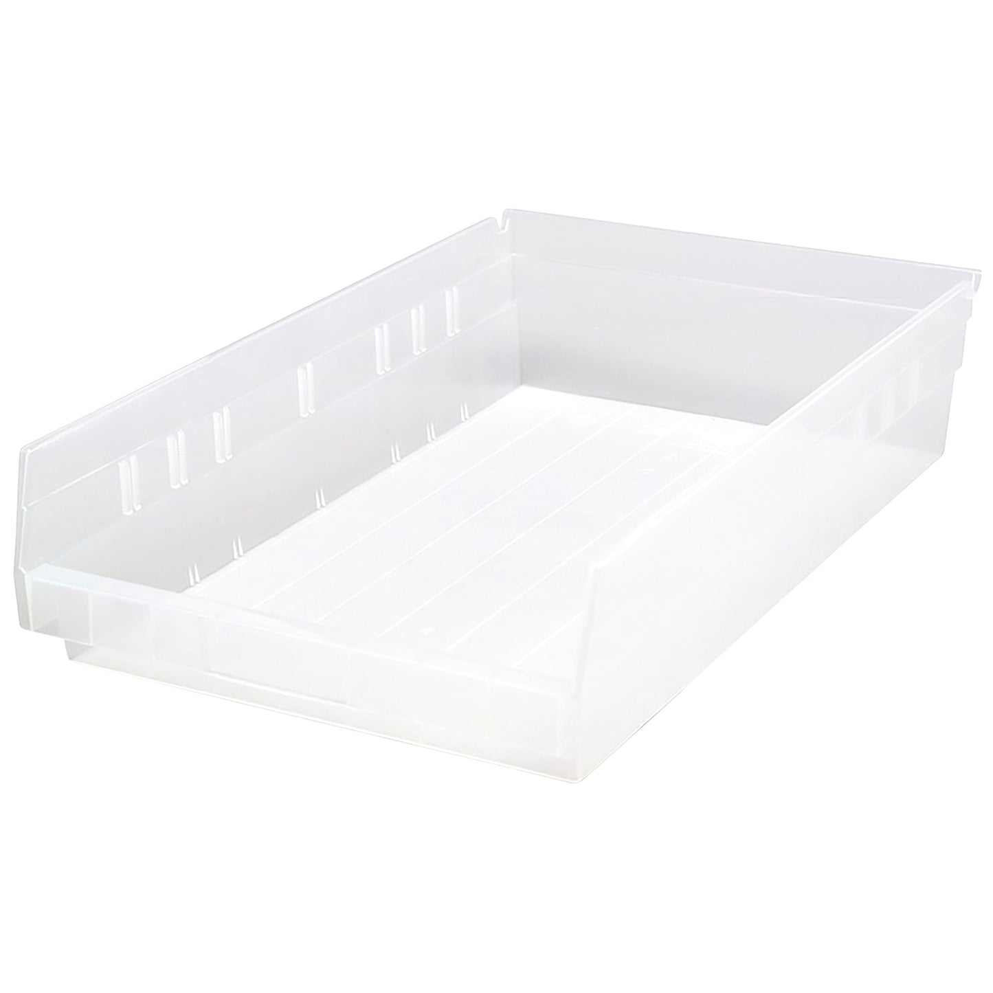 A clear Quantum Economy Shelf Bin with a flat bottom and raised edges, designed for organizing small items on shelves.