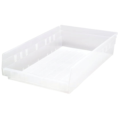 A clear Quantum Economy Shelf Bin with a flat bottom and raised edges, designed for organizing small items on shelves.