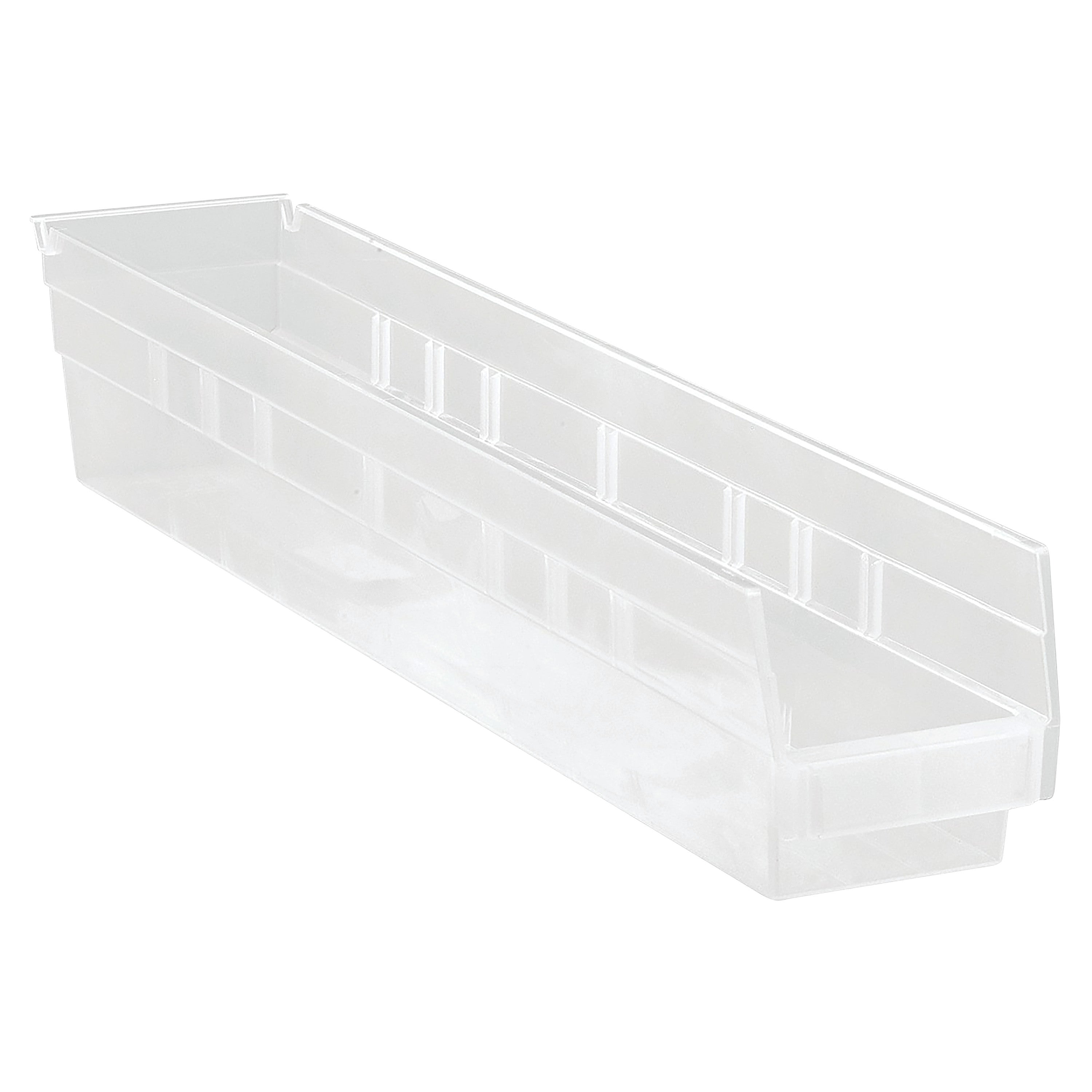 Clear plastic Quantum Economy Shelf Bin, rectangular with open top, designed for organizing and storing small items.