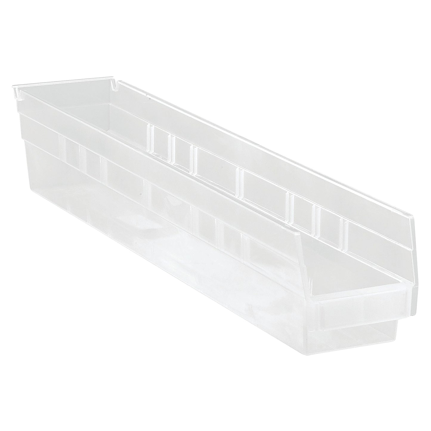 Clear plastic Quantum Economy Shelf Bin, rectangular with open top, designed for organizing and storing small items.
