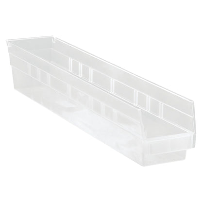 Clear plastic Quantum Economy Shelf Bin, rectangular with open top, designed for organizing and storing small items.