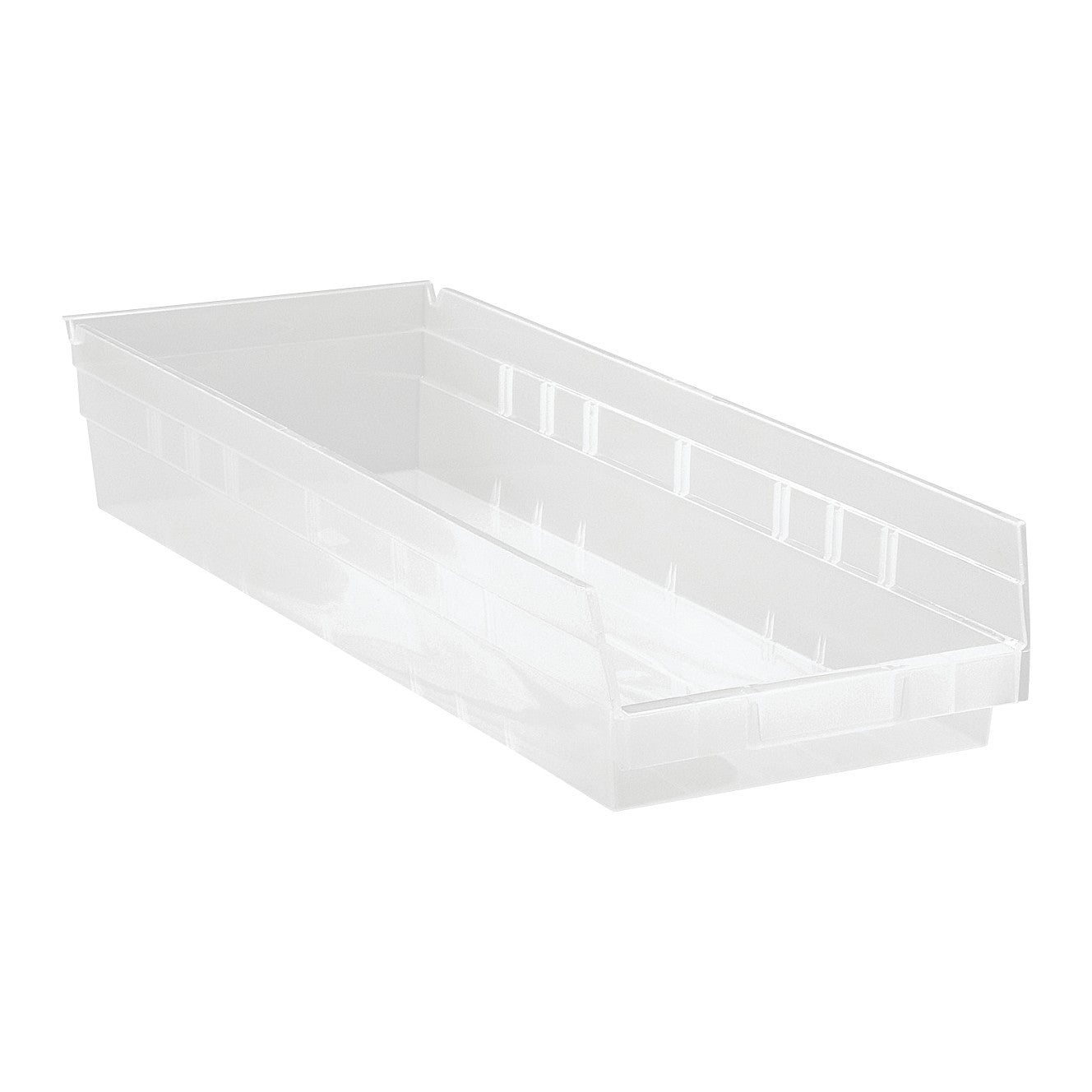 Clear Quantum Economy Shelf Bin, rectangular with high sides, designed for organizing and storing items on shelves.