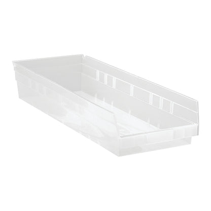 Clear Quantum Economy Shelf Bin, rectangular with high sides, designed for organizing and storing items on shelves.