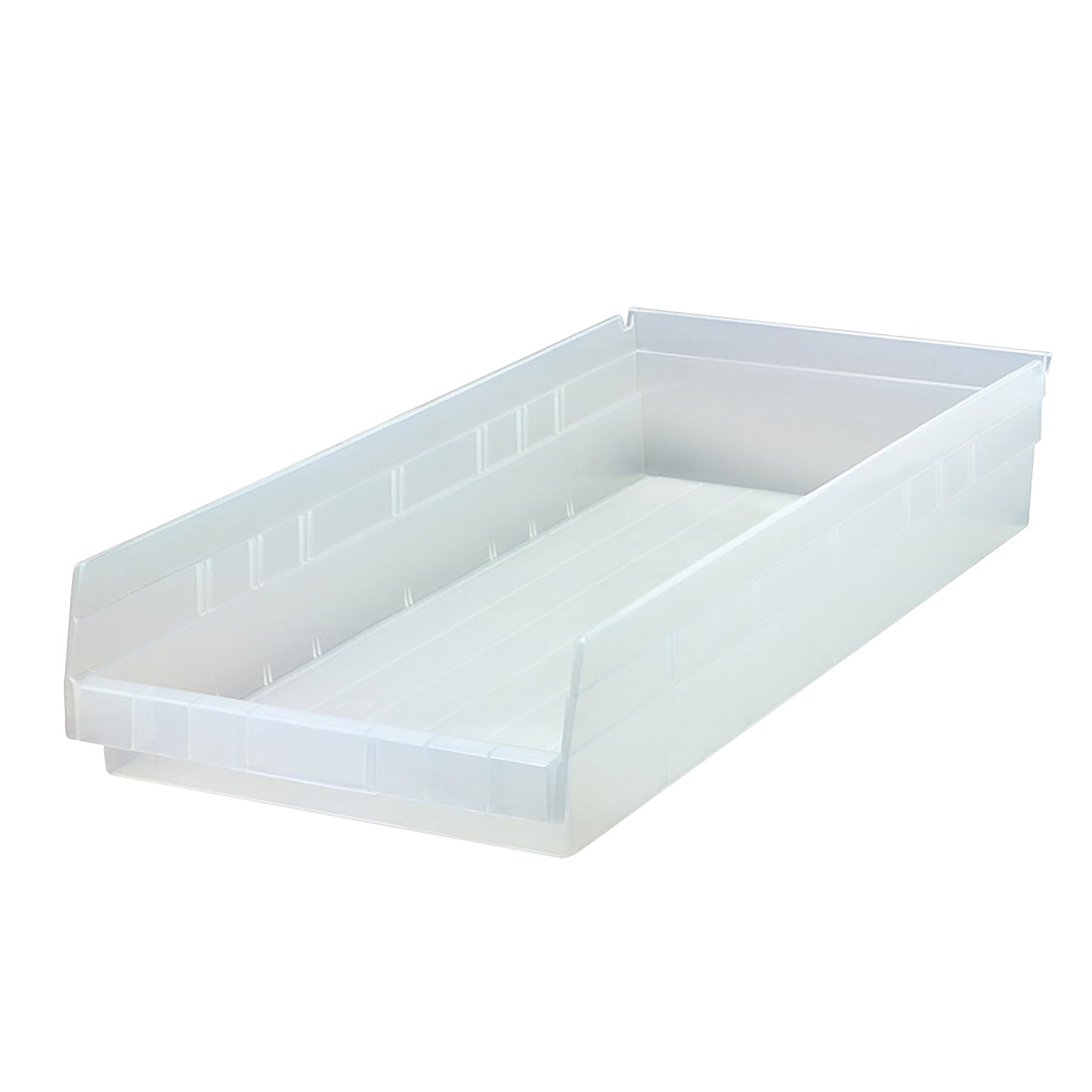 Clear Quantum Economy Shelf Bin with smooth surface and raised edges for organizing small items in storage.