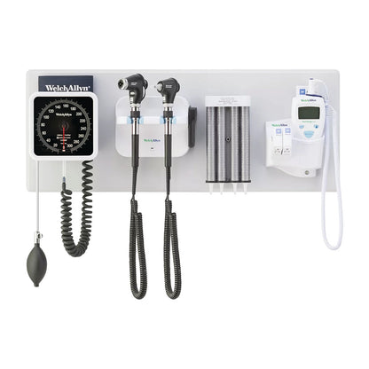 The Welch Allyn 777 Integrated Wall Diagnostic System features a blood pressure gauge, otoscopes, ophthalmoscope, and thermometer.