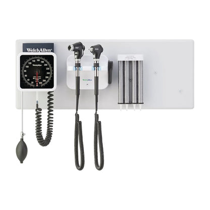 Welch Allyn 777 Integrated Wall Diagnostic System with a blood pressure monitor, otoscope, ophthalmoscope, and speculum dispenser.