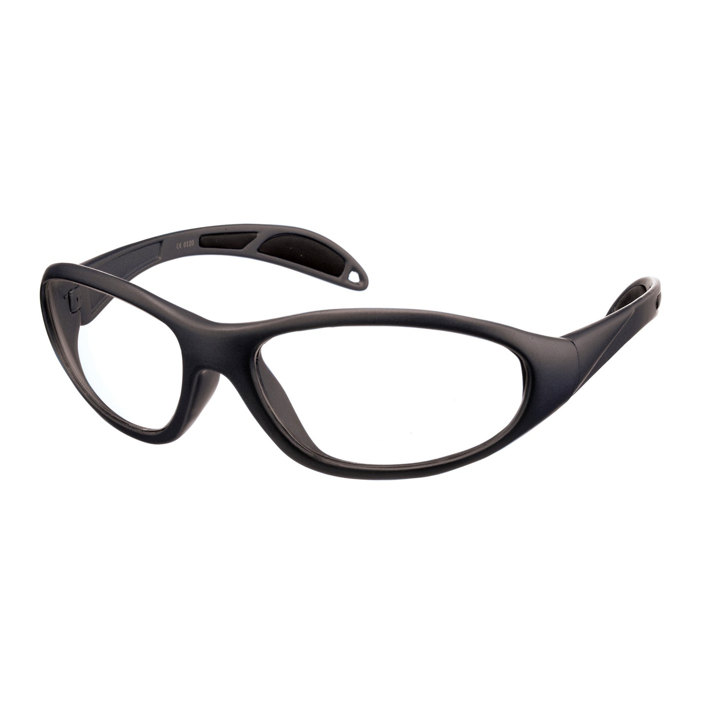 Ultralite Wraparound Radiation Protection Glasses with black frames and clear lenses, featuring a sleek, curved design.