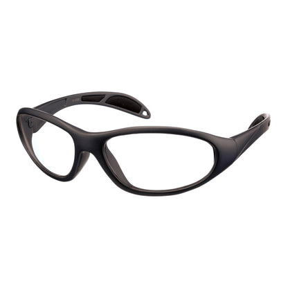 Ultralite Wraparound Radiation Protection Glasses with black frames and clear lenses, featuring a sleek, curved design.