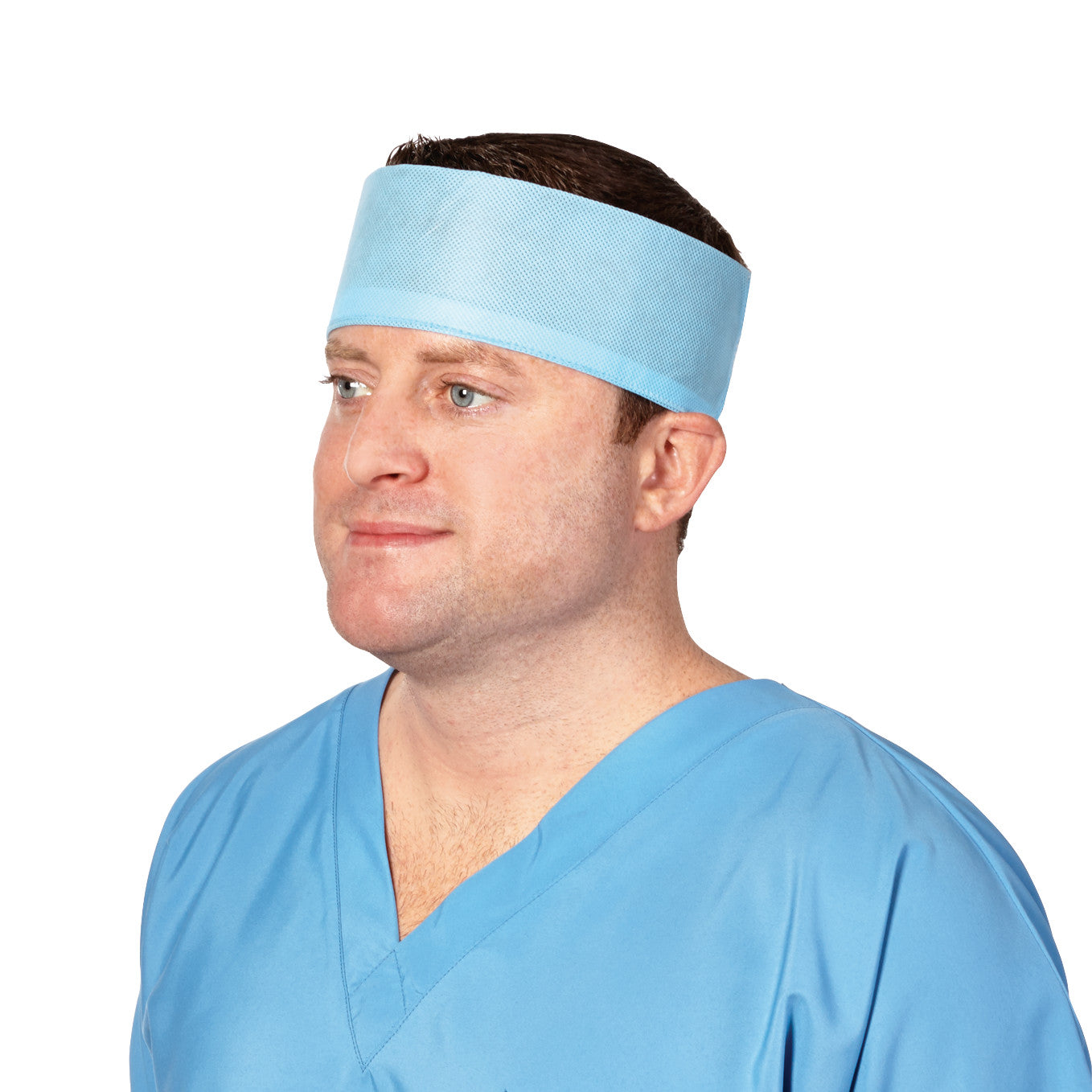 A man wears a light blue "Ultralight Disposable Head Band" with matching scrubs, shown in profile against a white background.