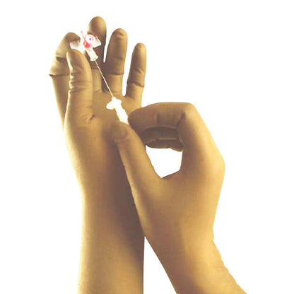 Hands wearing Barrier Technologies Secure Touch XR2 Thin Attenuation Gloves hold a medical needle, demonstrating dexterity.