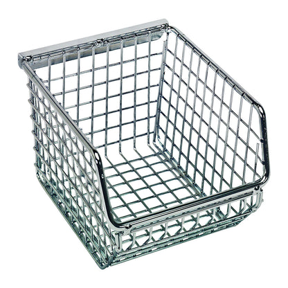 A Quantum Mesh Stack and Hang Wire Bin, featuring a metal wire grid design with a slightly lowered front for easy access.