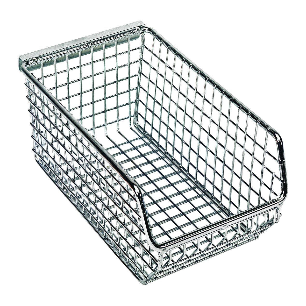 A Quantum Mesh Stack and Hang Wire Bin, featuring a silver metal grid design, is used for storage or organization purposes.