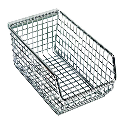 A Quantum Mesh Stack and Hang Wire Bin, featuring a silver metal grid design, is used for storage or organization purposes.