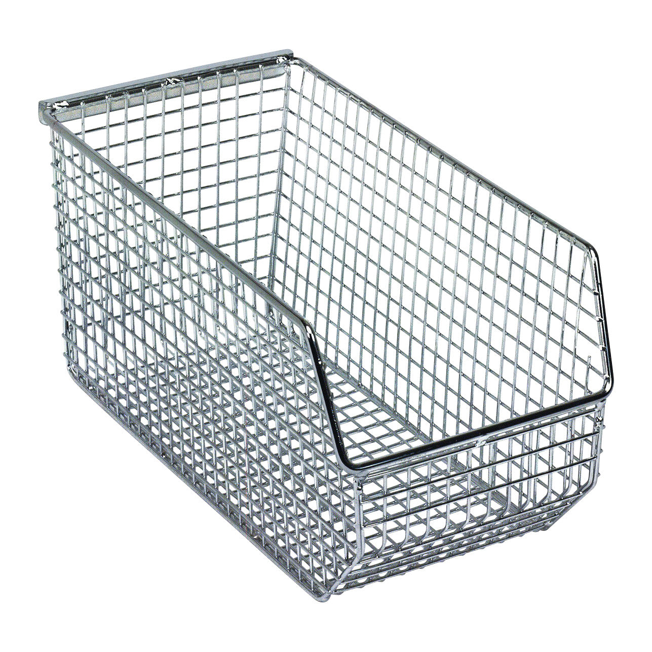 Metallic Quantum Mesh Stack and Hang Wire Bin, featuring an open top and grid design for organizing and storing items.