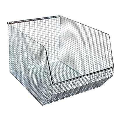 A Quantum Mesh Stack and Hang Wire Bin with a slanted open front for easy access. Made of metallic wire with a grid design.