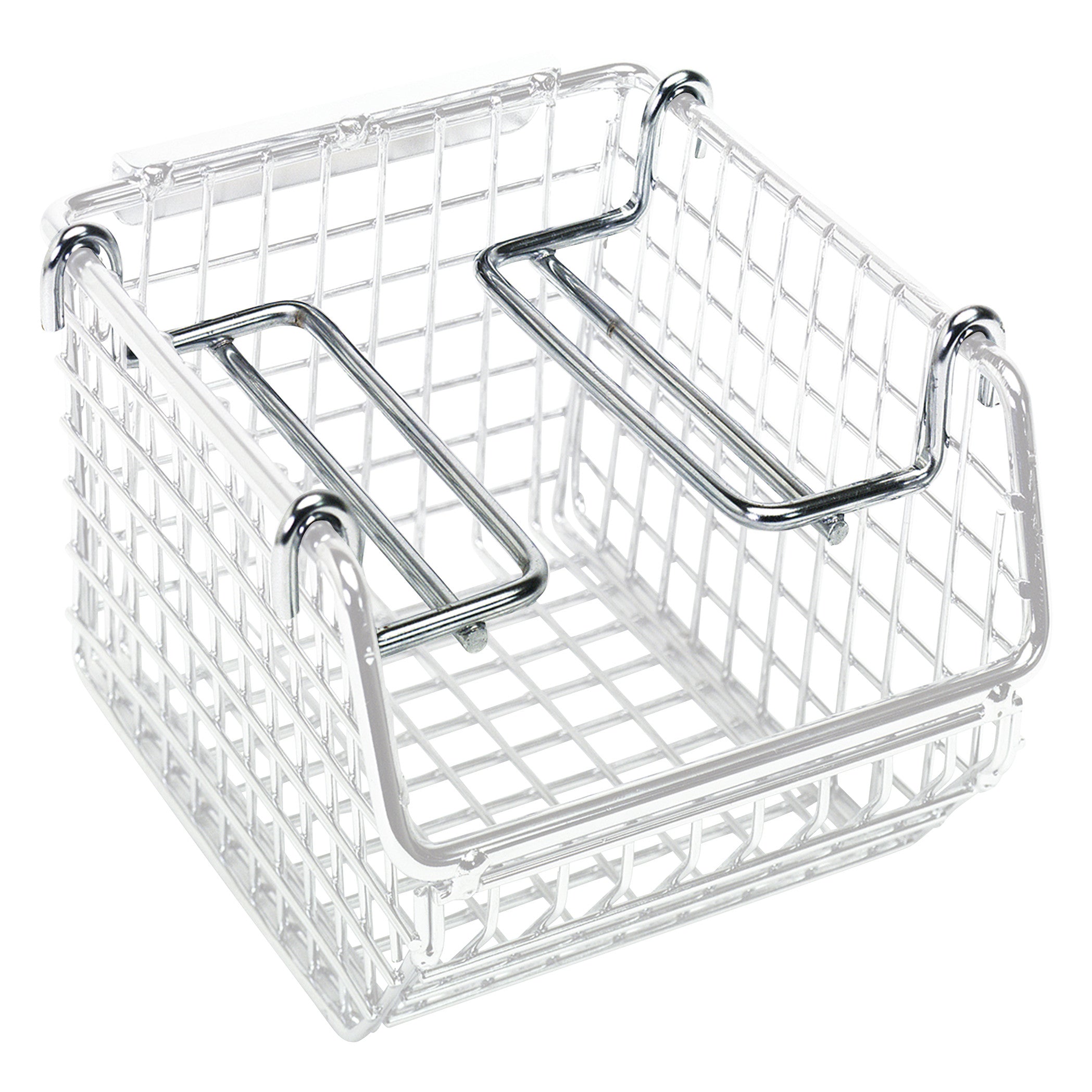 A Side-Stacking Ledge for Quantum Mesh Stack and Hang Wire Bin, shown in silver with a grid design and sturdy metal handles.