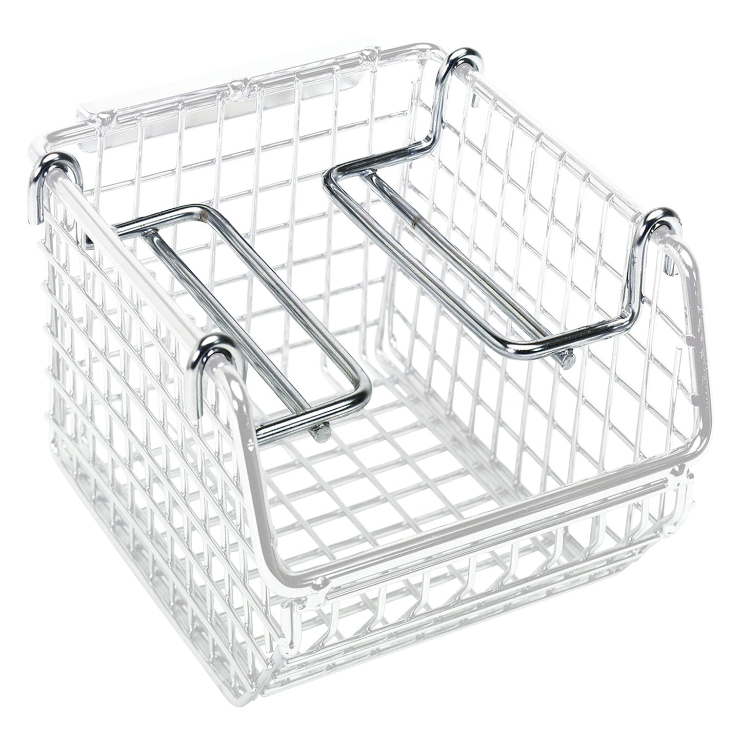 A Side-Stacking Ledge for Quantum Mesh Stack and Hang Wire Bin, shown in silver with a grid design and sturdy metal handles.