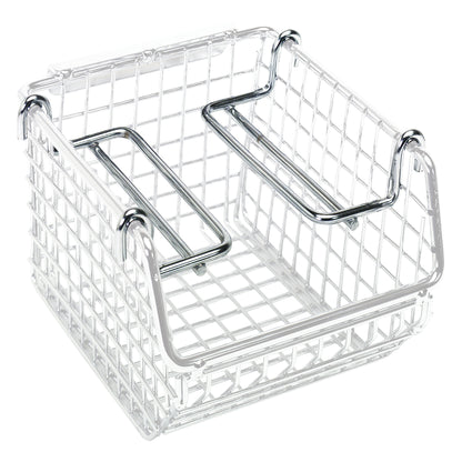 A Side-Stacking Ledge for Quantum Mesh Stack and Hang Wire Bin, shown in silver with a grid design and sturdy metal handles.