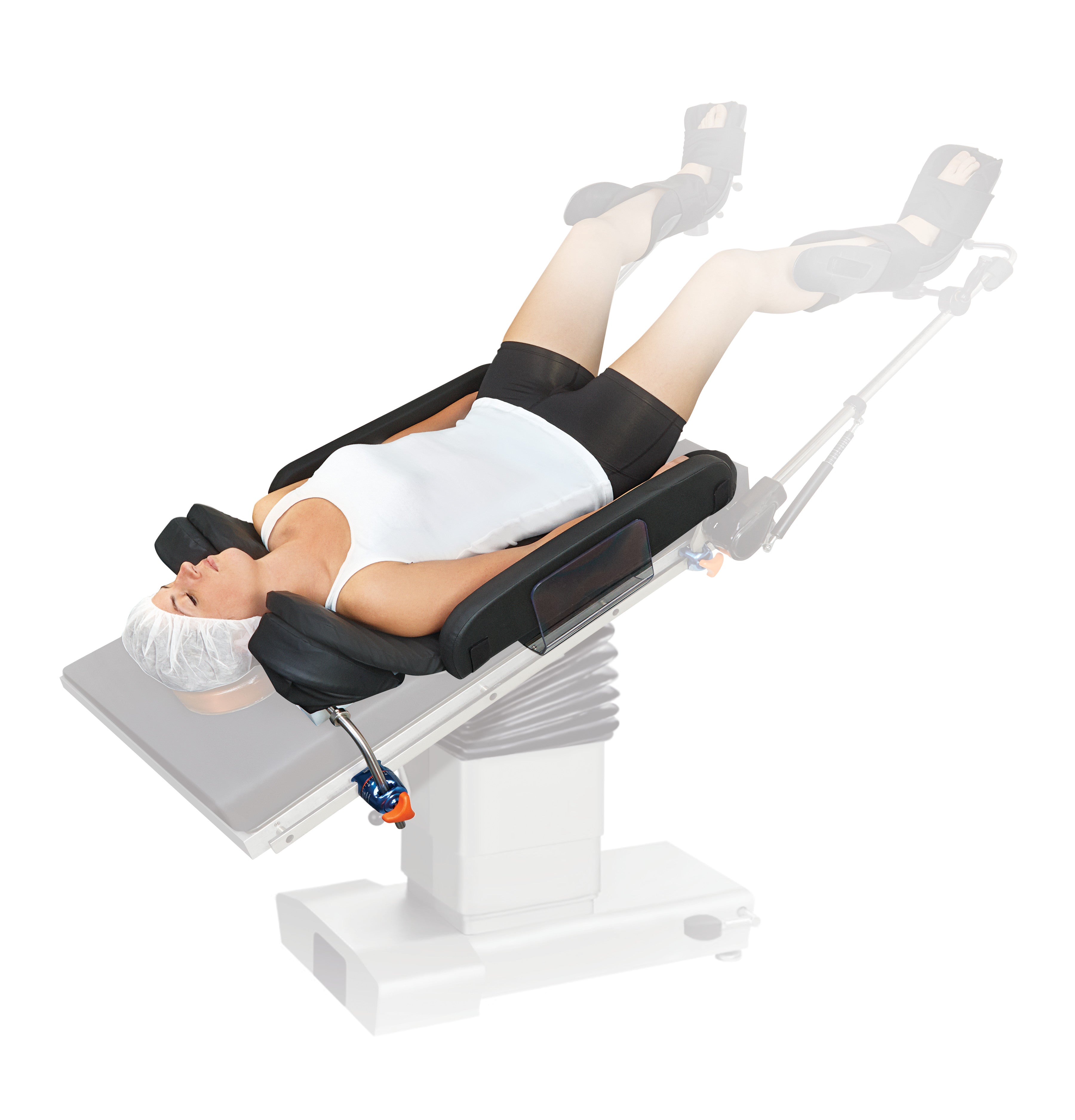 The AliMed SecureFit TPS Trendelenburg Positioning System shows a person secured on a medical table, legs elevated and supported.