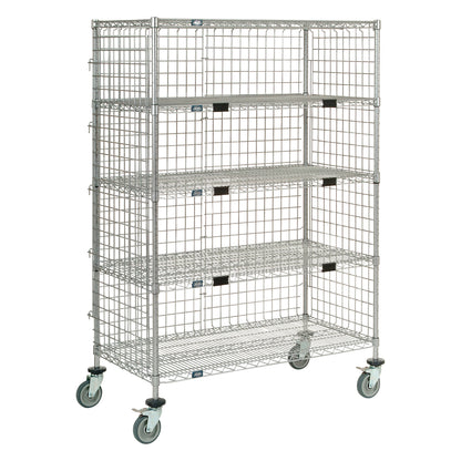 The Nexel Enclosed Exchange and Linen Transport Truck is a metal wire shelving unit with four mesh shelves on caster wheels.
