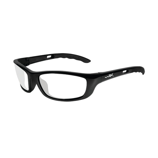 Wiley X P-17 Wraparound Radiation Protection Glasses; black frame with clear lenses, featuring a wraparound design.
