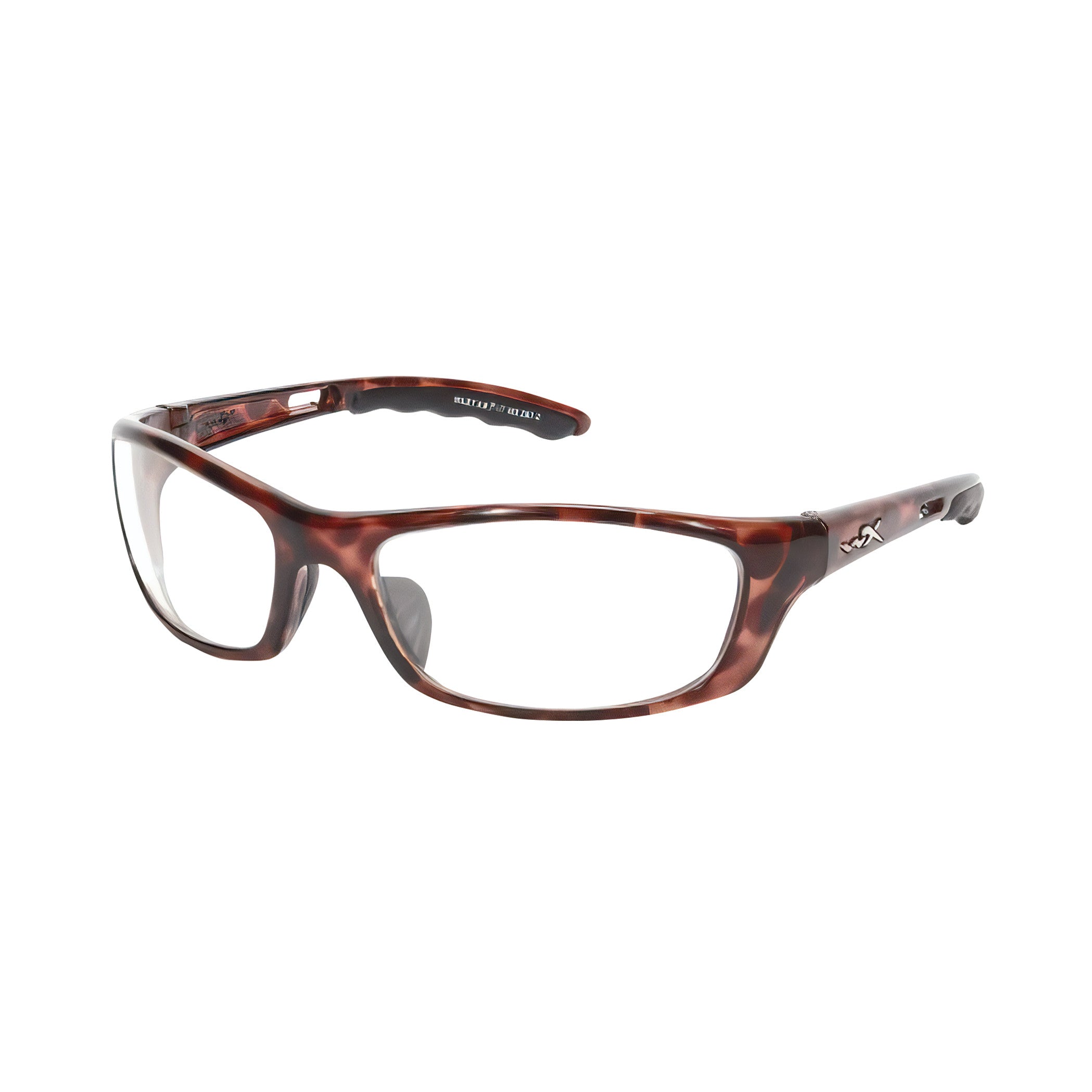 Wiley X P-17 Wraparound Radiation Protection Glasses in tortoiseshell frame, featuring clear lenses and side logo detail.