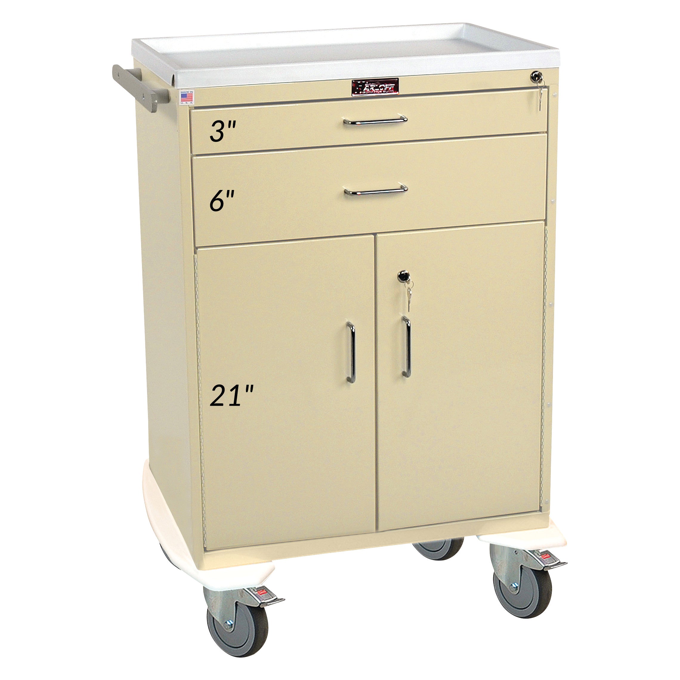 AliMed 2-Drawer Procedure Cart with Cabinet, featuring labeled drawers of 3", 6", and a 21" cabinet, on four caster wheels.