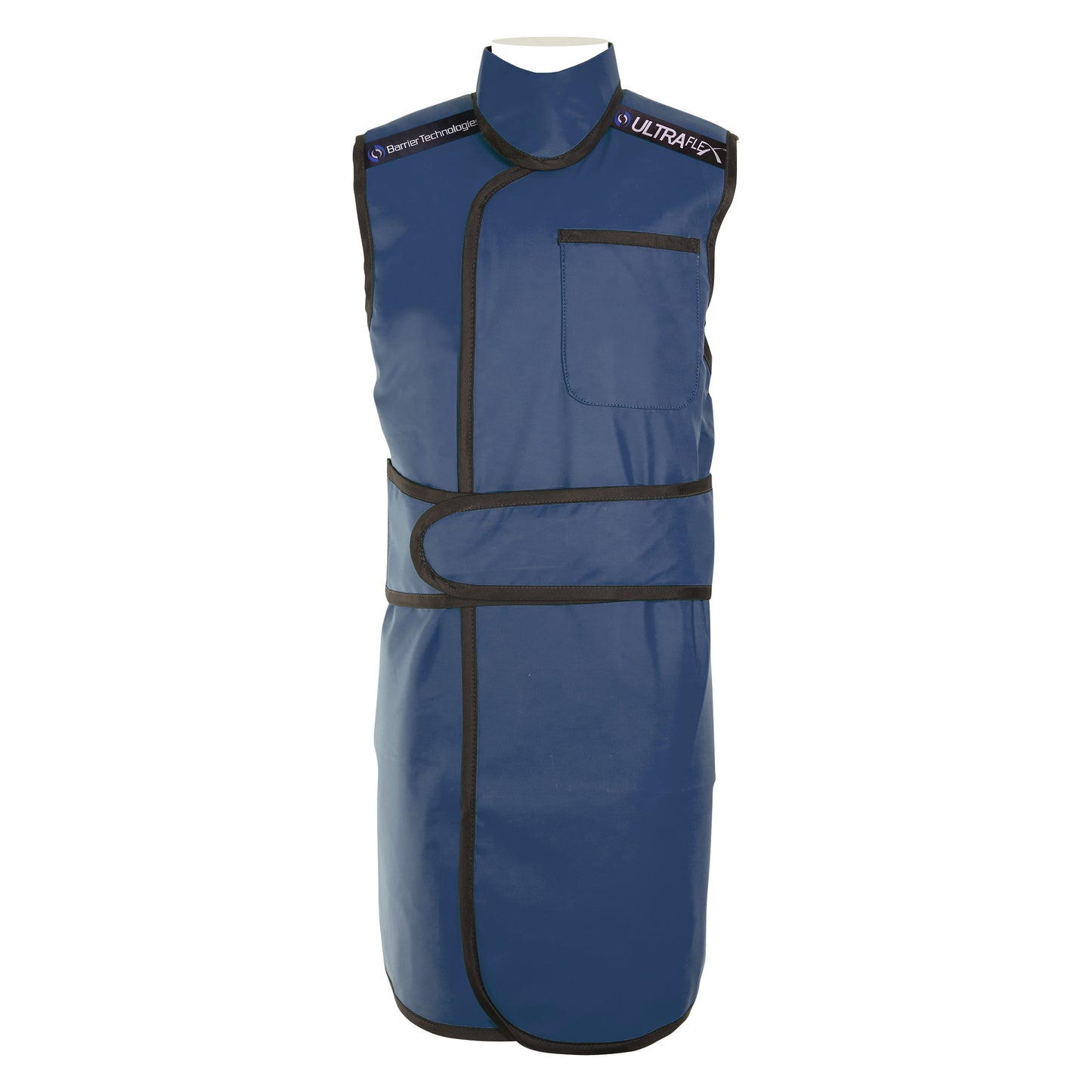 Barrier Technologies UltraFlex Wrap with Support Lead-Free Apron in blue, featuring a front pocket and black trim.