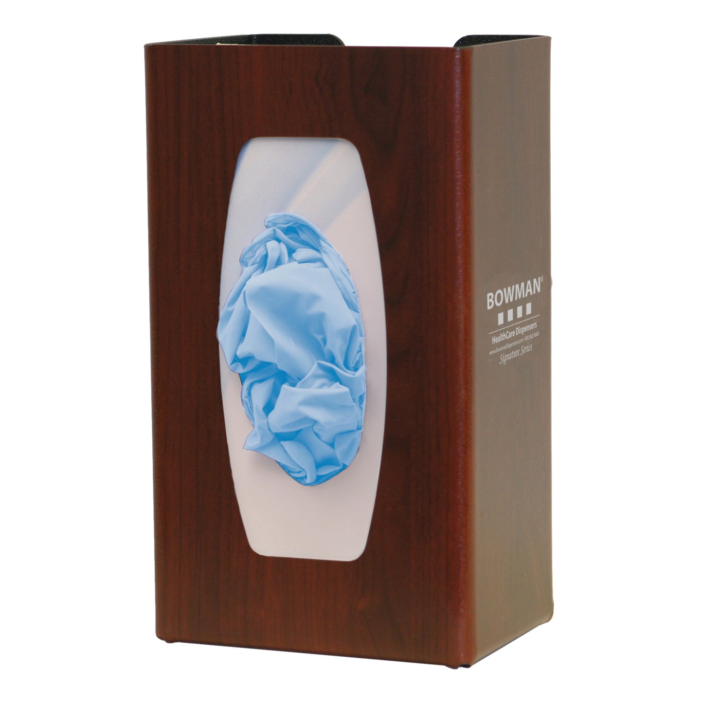 Bowman Signature Series Fauxwood Glove Box Dispenser with a visible opening showing blue gloves inside.