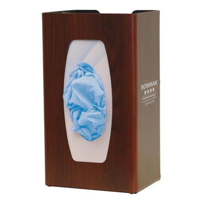 Bowman Signature Series Fauxwood Glove Box Dispenser with a visible opening showing blue gloves inside.