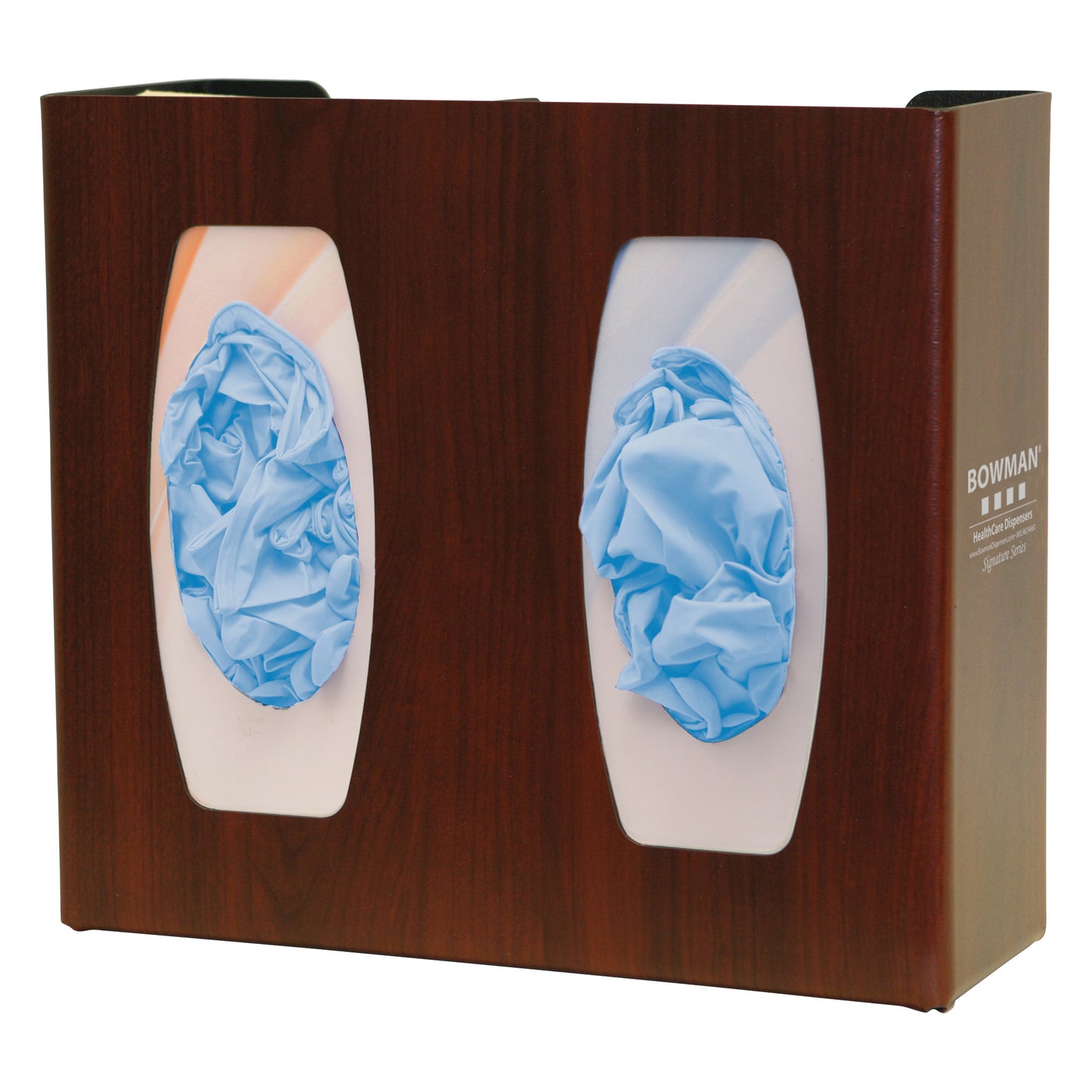 Dual compartment, faux wood glove box dispenser by Bowman Signature Series, holds blue gloves, with oval openings for easy access.