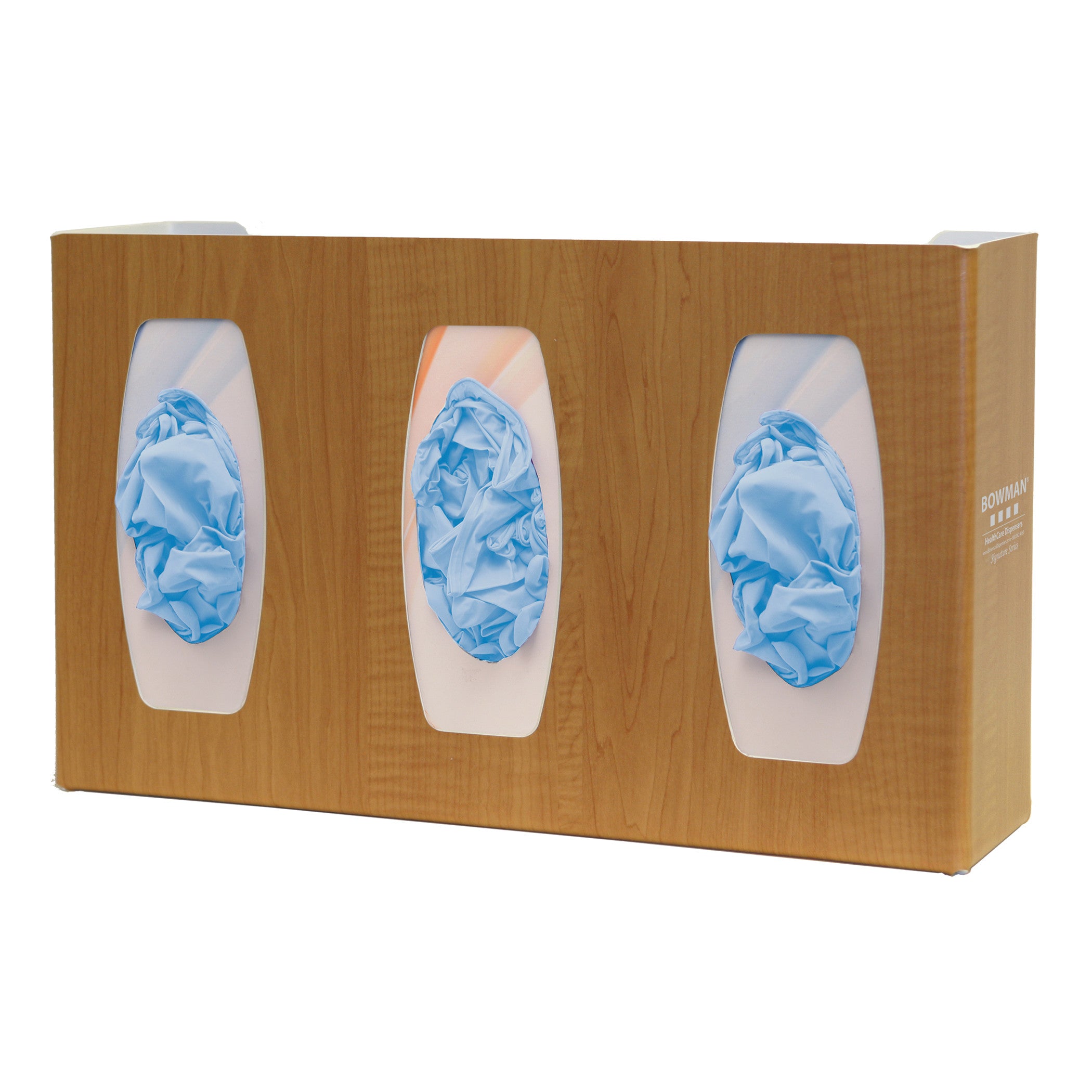 Bowman Signature Series Fauxwood Glove Box Dispenser holds three boxes of blue gloves, features a woodgrain finish.