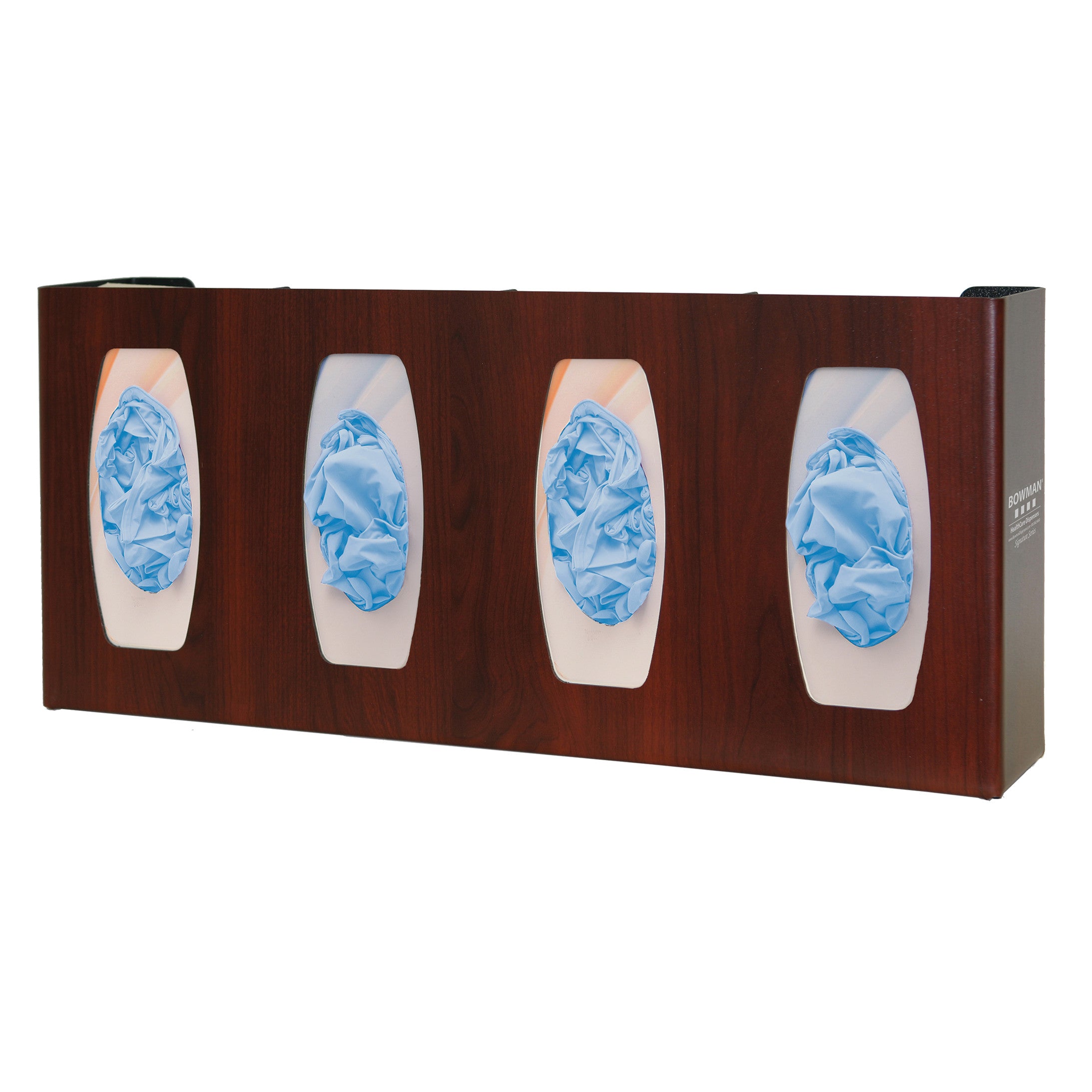 Bowman Signature Series Fauxwood Glove Box Dispenser holds four boxes of gloves, featuring a dark wood finish and oval openings.