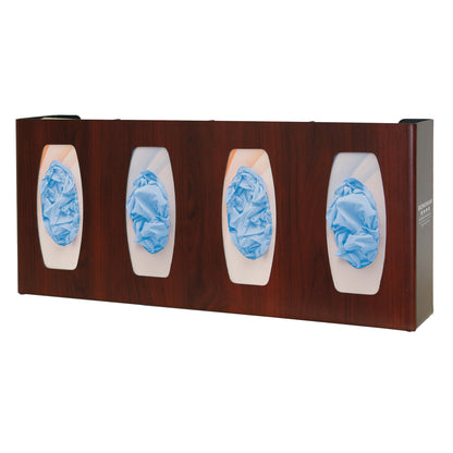 Bowman Signature Series Fauxwood Glove Box Dispenser holds four boxes of gloves, featuring a dark wood finish and oval openings.