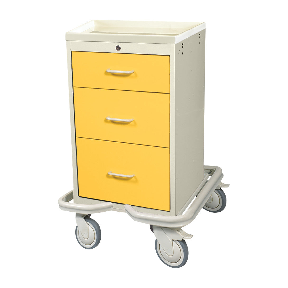 AliMed Mini Series 3-Drawer Isolation Tower Cart with Key Lock, featuring yellow drawers and swivel wheels for easy mobility.