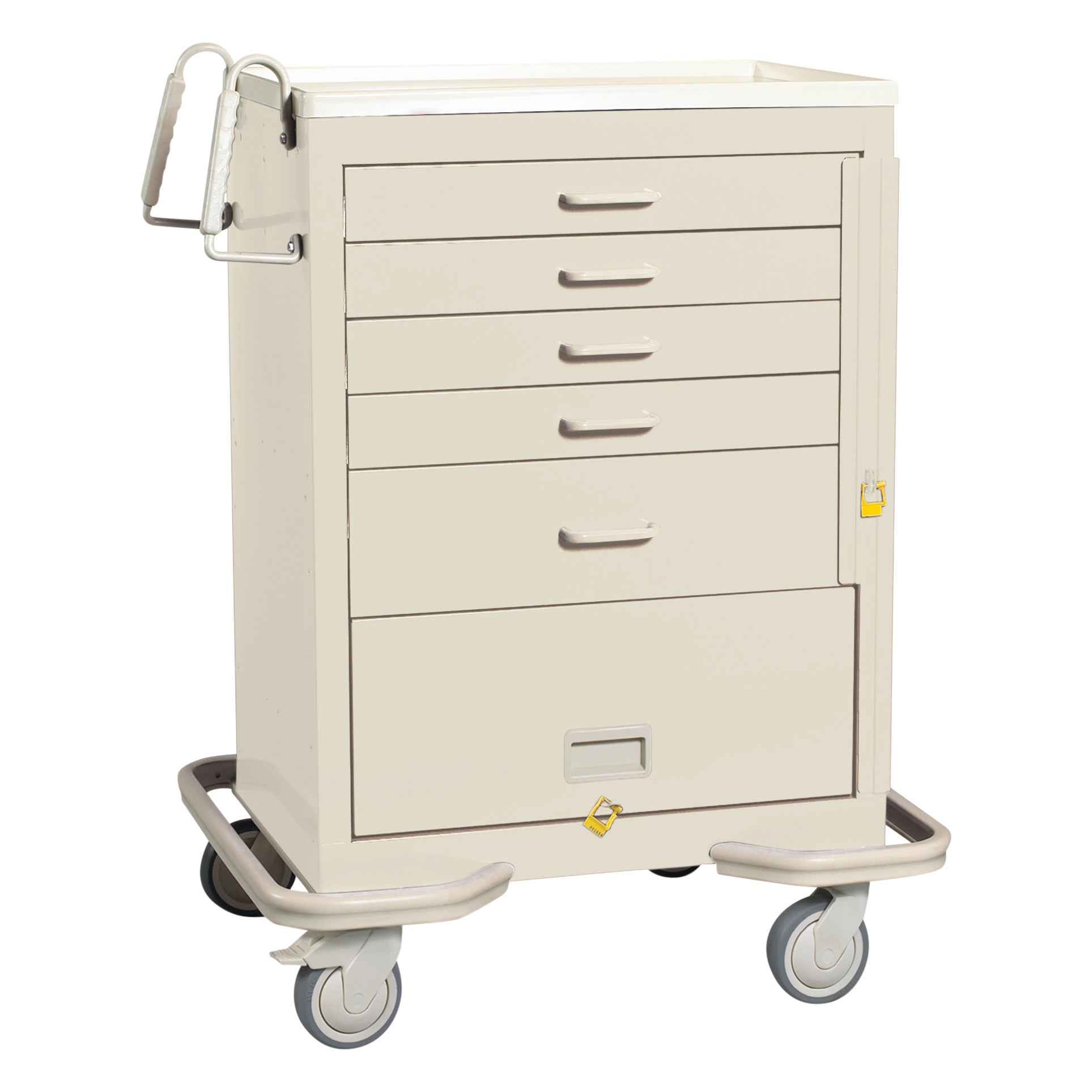 AliMed Standard Series 5-Drawer Emergency Cart with Bottom Panel features five drawers, handles, wheels, and side rails.