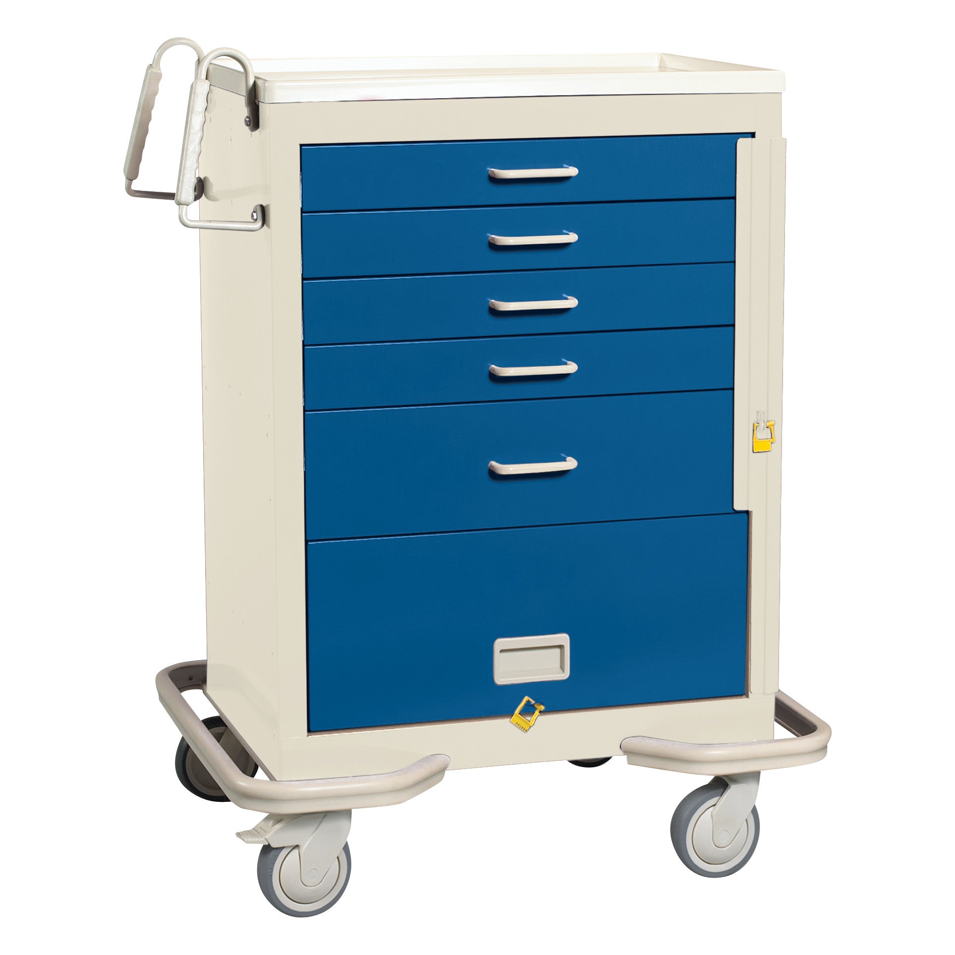 Blue and white "AliMed Standard Series 5-Drawer Emergency Cart with Bottom Panel" features a side handle and locking wheels.