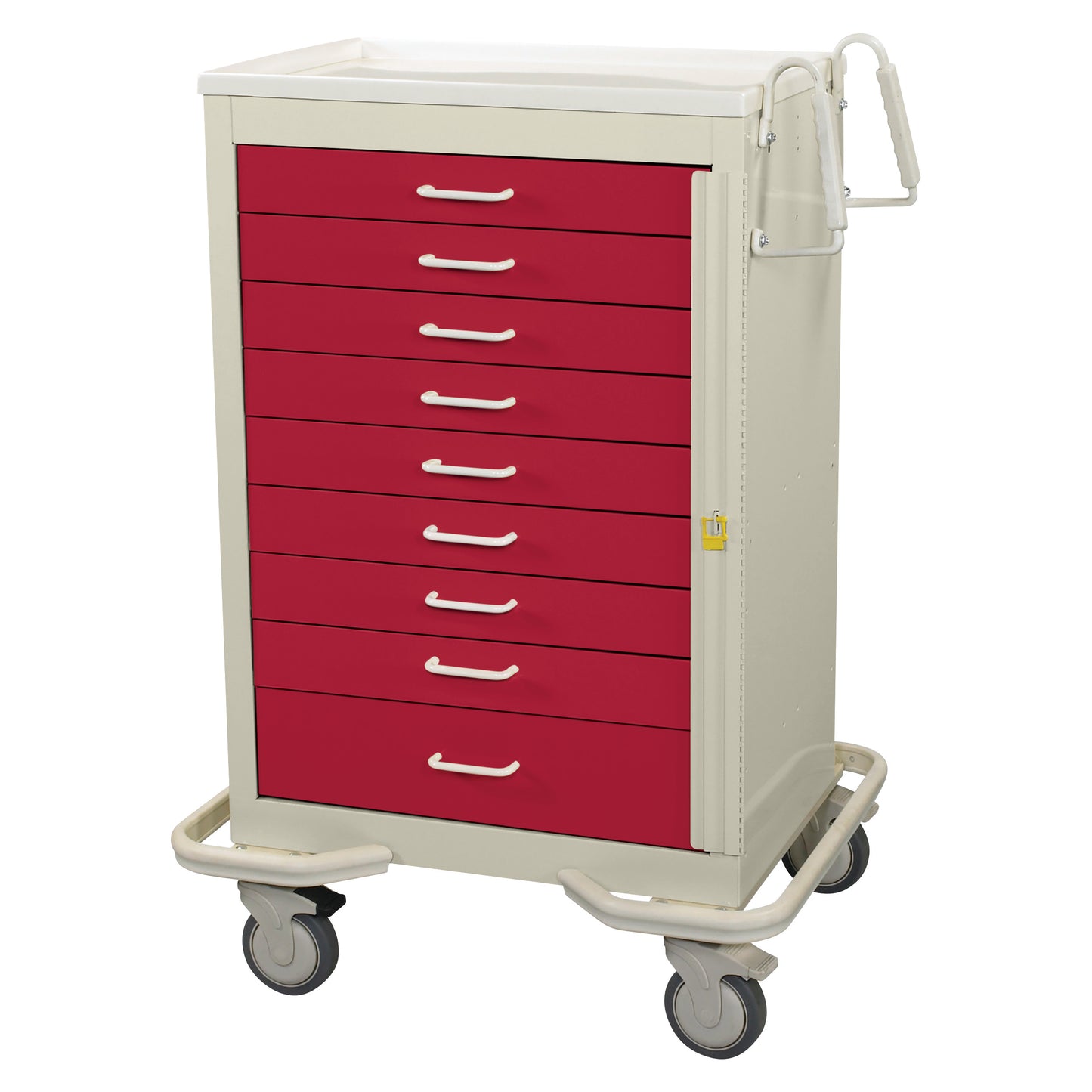 AliMed Standard Series 9-Drawer Emergency Cart with red drawers, white handles, and four caster wheels, featuring a push handle.