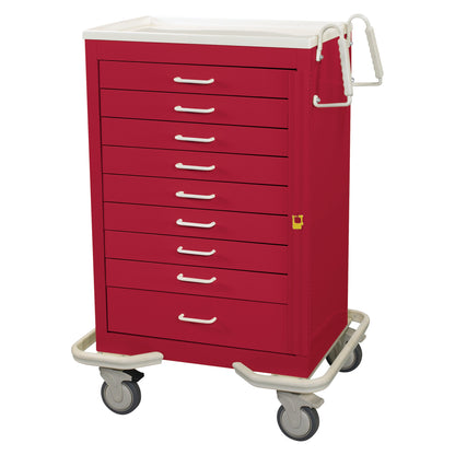 AliMed Standard Series 9-Drawer Emergency Cart in red, featuring white handles and four wheels, designed for medical use.