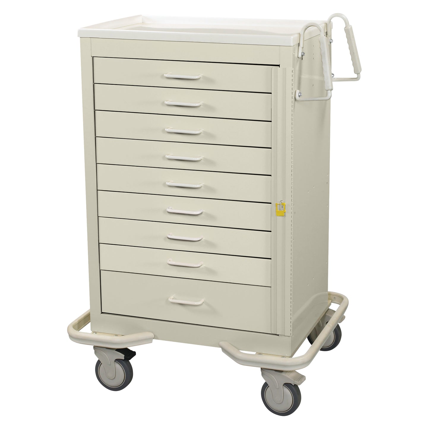 AliMed Standard Series 9-Drawer Emergency Cart with wheels and a side handle, featuring a lockable, beige design.