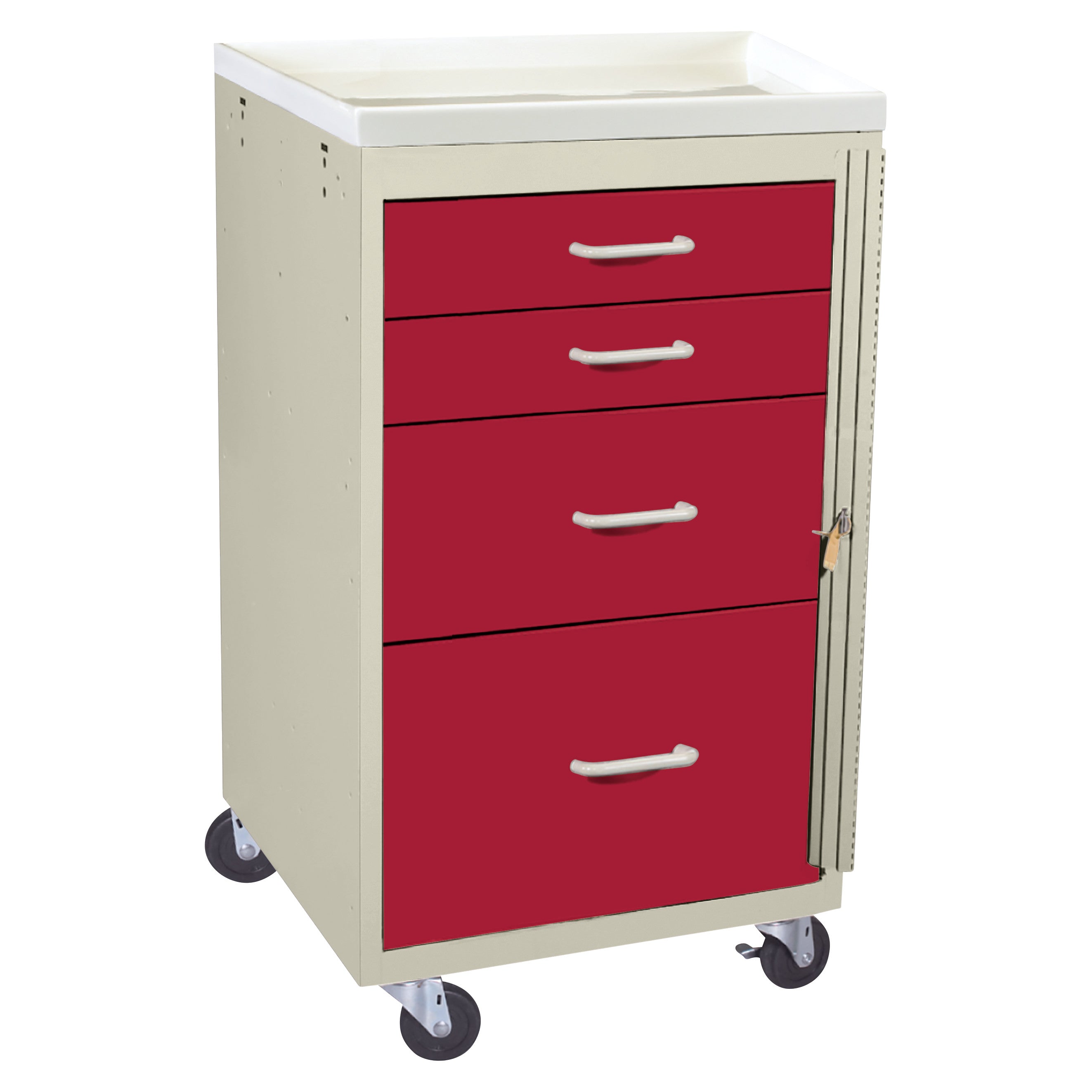 AliMed Mini Series 4-Drawer Emergency Cart, featuring red drawers and beige frame, on four wheels with a lock on its side.