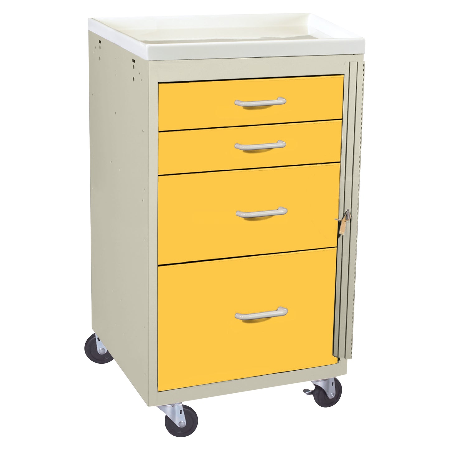 AliMed Mini Series 4-Drawer Emergency Cart with yellow drawers and a lock, on casters for mobility.