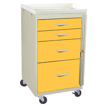 AliMed Mini Series 4-Drawer Emergency Cart with yellow drawers and a lock, on casters for mobility.