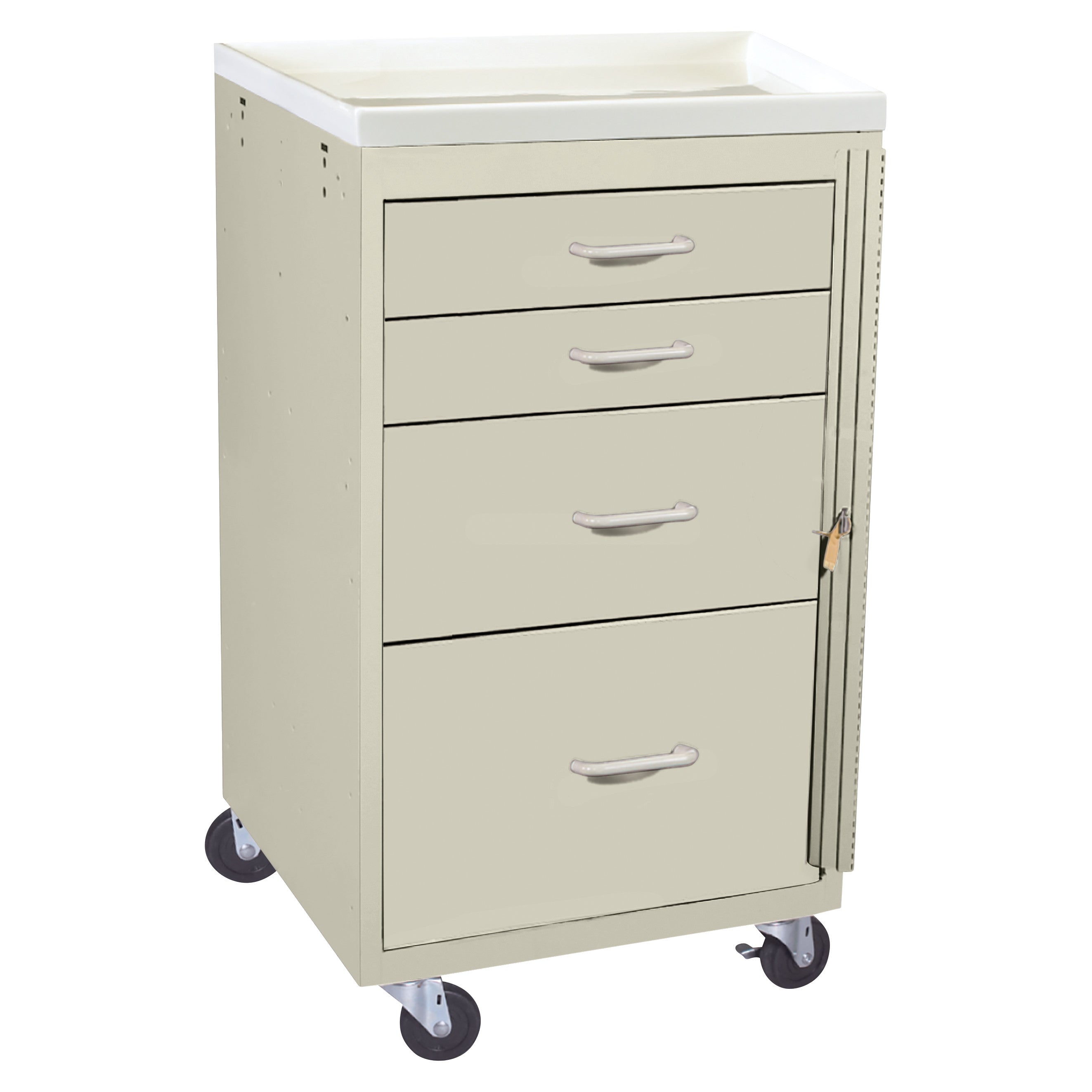 AliMed Mini Series 4-Drawer Emergency Cart features four drawers, a side lock, and wheels for mobility, in a beige color.