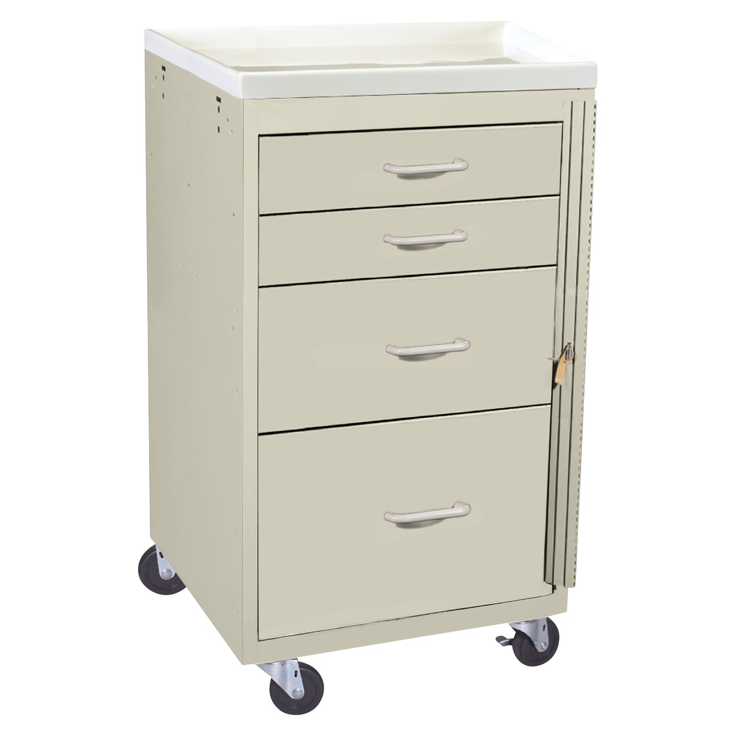 AliMed Mini Series 4-Drawer Emergency Cart features four drawers, a side lock, and wheels for mobility, in a beige color.